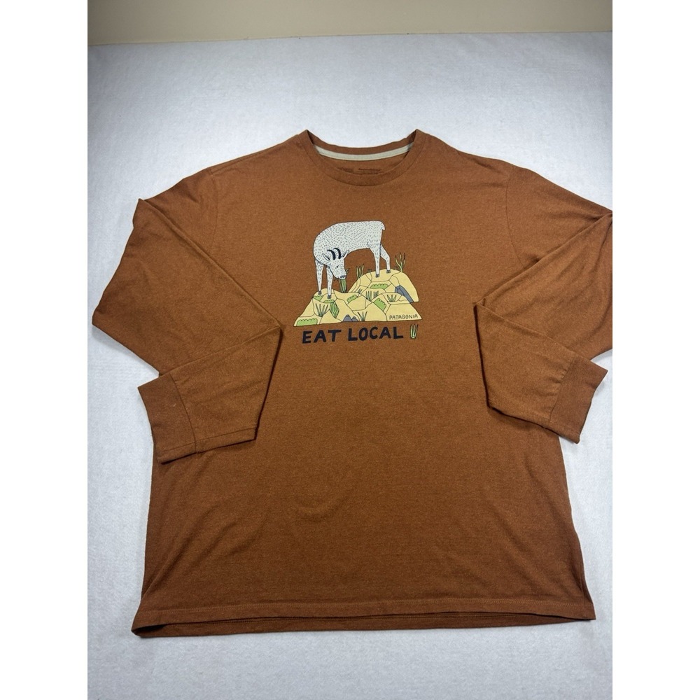RARE PATAGONIA Color Men M Long Sleeve Eat Local Goat Graphic Cotton Poly Blend